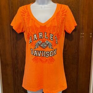 Y2K Harley‎ Davidson Burnout Eagle Rhinestones V Neck Baby T Womens Small Orange
